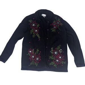 Draper’s and Damon’s cardigan Jacket Black Poinsettia Embroidered Sz M